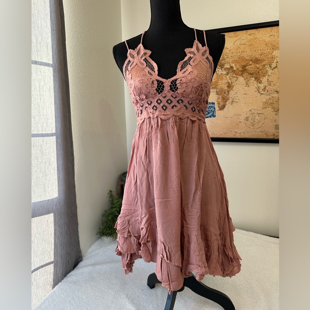 Free People Dusty Rose Crochet-Detail Mini Dress